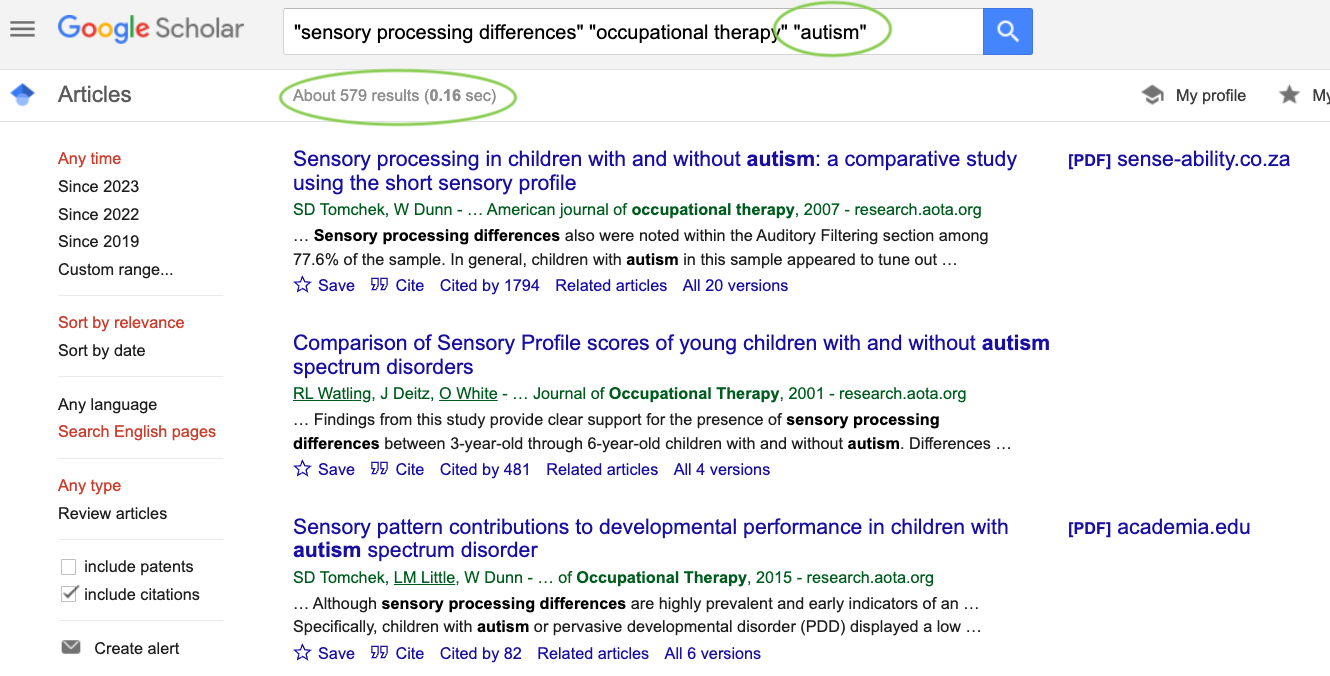 Google Scholar search results