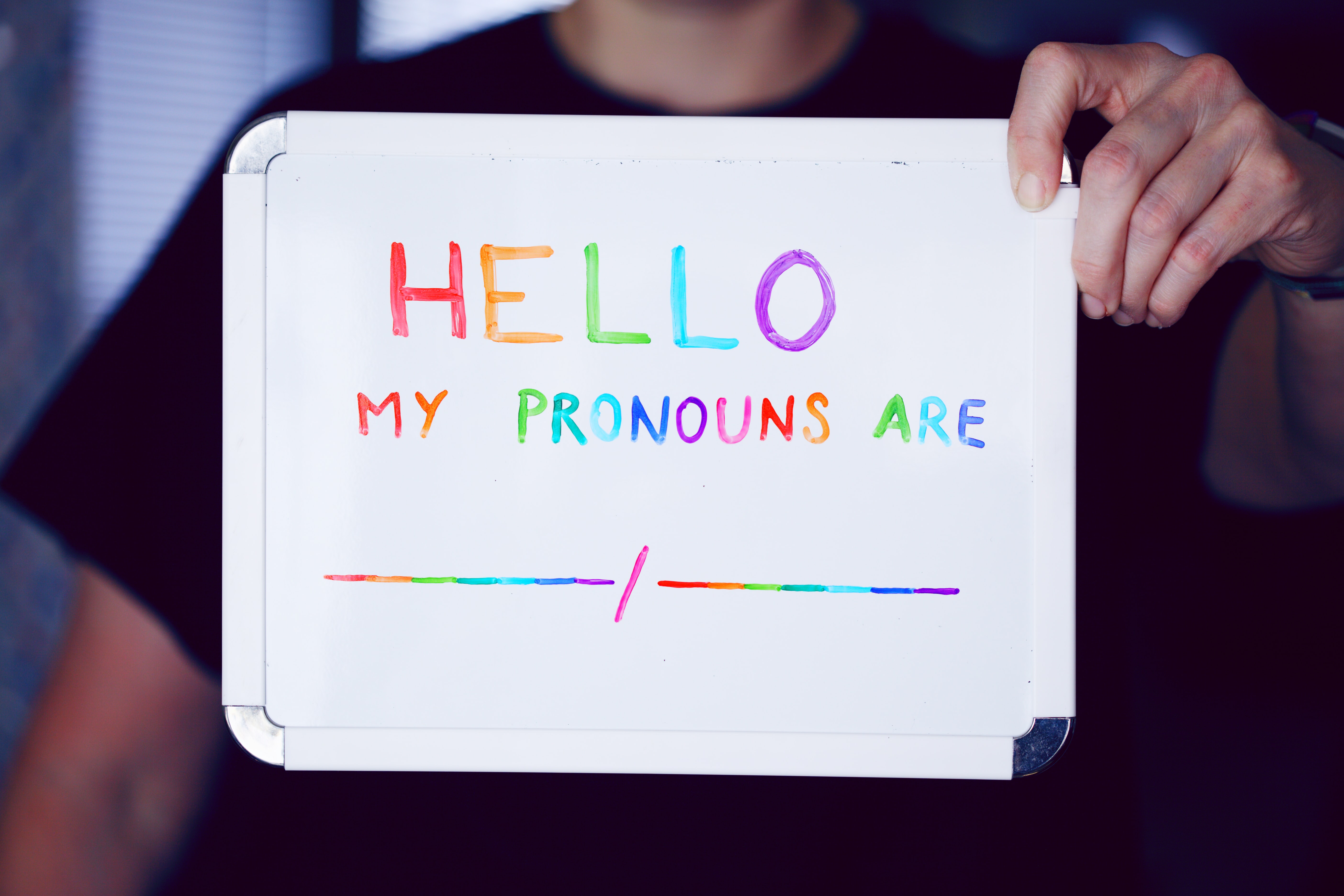 A person holding a sign about pronouns