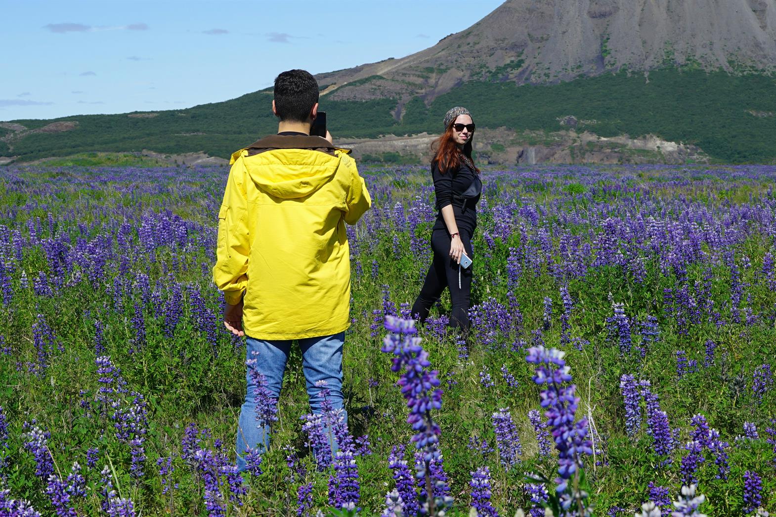 A man taking a photo of a woman in a field of purple flowers