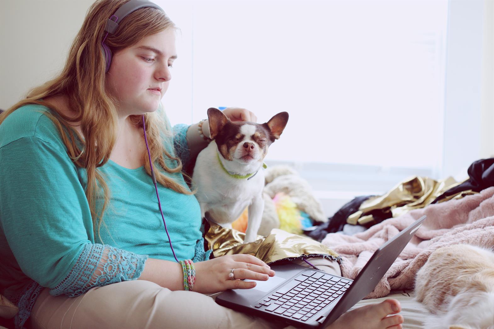 A woman with her dog using her laptop on her bed