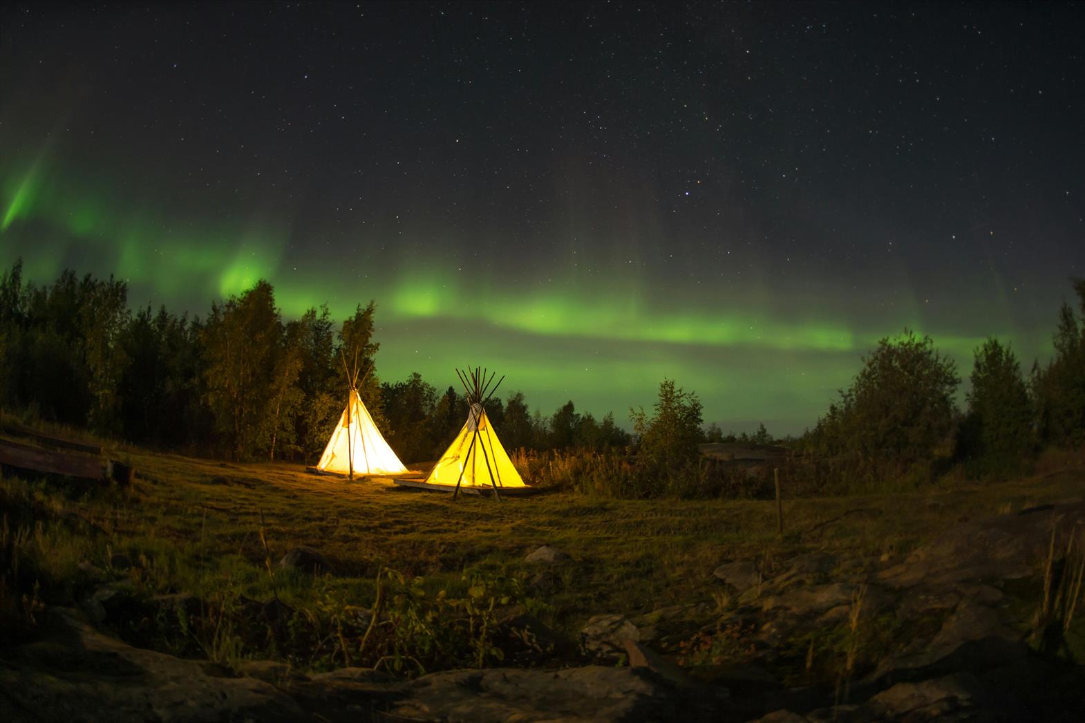 Tentes sur un terrain vert sous les aurores boréales